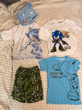 Sonic Kids 3-Piece Pajama Set with Camo Shorts - Blue, White & Green